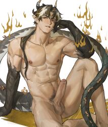 1boy absurdres aixiwuganda_(20222192) arknights chong_yue_(arknights) completely_nude dragon_boy dragon_horns dragon_tail erection foreskin hand_on_own_face highres horns long_hair looking_at_viewer male_focus male_only male_underwear multicolored_hair navel_hair nude penis ponytail solo tail thick_eyebrows uncensored underwear white_background