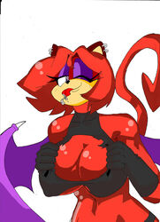 anthro big_breasts bodily_fluids breasts cleavage_cutout clothed clothing domestic_cat ear_piercing ear_ring felid feline felis female hi_res hybrid mammal membrane_(anatomy) monochrome navel piercing saliva sega sonic_(series) sonic_team sonic_the_hedgehog_(series) spade_tail superbunnygt tongue tongue_out torn_clothing