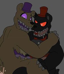 2boys alternate_species anal anal_sex anthro anthro_on_anthro black_body black_fur bodily_fluids bow_tie button_(fastener) claws clothing compression_artifacts cum cum_in_ass cum_inside drooling duo five_nights_at_freddy's five_nights_at_freddy's_4 freckles fur gay genital_fluids happy happy_sex hat headgear headwear looking_down looking_pleasured male male/male male_only male_penetrated male_penetrating male_penetrating_male mammal nightmare_(fnaf) nightmare_fredbear_(fnaf) notched_ear open_mouth open_smile penetration purple_clothing purple_eyes purple_hat purple_headwear red_clothing red_eyes red_hat red_headwear romantic_couple saliva scut_tail sex sharp_claws sharp_teeth smile stomach_mouth teeth tongue unknown_artist ursid ursine video_games yellow_body yellow_fur