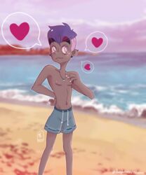 1cuntboy areolae beach cuntboy cuntboy_only deepkosmic_(artist) heart intersex mastectomy_scar outdoors piercing purple_hair short_hair swimshorts topless water waves