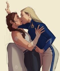 2girls age_difference bandage black_pants blonde_hair blue_topwear braided_hair brown_hair cithria clothed finger_on_belt harriet_moulton kissing leaning_back legends_of_runeterra milf open_eyes open_mouth riot_games simple_background tianna_crownguard white_topwear yuri