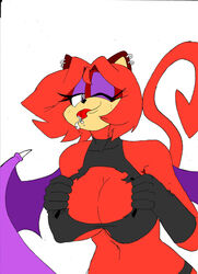 anthro big_breasts bodily_fluids breasts cleavage_cutout clothed clothing domestic_cat ear_piercing ear_ring fan_character felid feline felis female hi_res hybrid mammal membrane_(anatomy) monochrome navel original_character piercing saliva sonic_(series) spade_tail superbunnygt tongue tongue_out torn_clothing