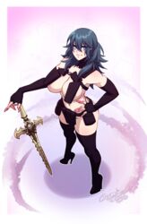 1girls alternate_costume bad_censor blue_eyes boots byleth_(fire_emblem) byleth_(fire_emblem)_(female) cleavage cosplay covering crescentia crossover fire_emblem fire_emblem:_three_houses high_heels kill_la_kill large_breasts looking_at_viewer medium_hair nintendo nude nudist_beach_uniform revealing_clothes skimpy skimpy_clothes solo sword teal_hair weapon