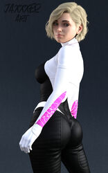 1girls 3d 3d_(artwork) ass blonde_hair bodysuit female_focus gwen_stacy jaxxxer looking_back marvel marvel_comics spider-gwen spider-man_(series) tight_clothing