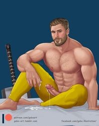 1boy abs beard biceps blonde_hair blue_eyes chris_hemsworth cum ejaculation erection gabo_artist hammer human human_only light-skinned_male light_skin male male_only marvel marvel_cinematic_universe muscular pecs penis pikachu_(cosplay) thor_(marvel) thor_(series) uncut weapon