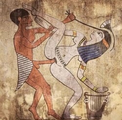 1boy 1girls anal ancient_egypt dark-skinned_male dark_skin egyptian_wall_art female light-skinned_female light_skin male straight tagme vaginal_penetration