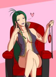 bare_legs collar crossed_legs femdom fire_emblem fire_emblem:_path_of_radiance fseffect green_hair grin leash lips long_hair medium_breasts mostly_nude naked_shirt name_tag nintendo on_chair open_clothes open_shirt petrine_(fire_emblem) purple_eyes purple_lipstick purple_nails sitting smile