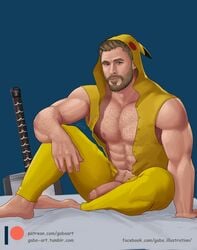 1boy abs beard biceps blonde_hair chris_hemsworth gabo_artist hammer human human_only light-skinned_male light_skin male male_only marvel marvel_cinematic_universe mjolnir muscular pecs penis pikachu_(cosplay) pokemon pokemon_(cosplay) thor_(marvel) thor_(series) uncut weapon