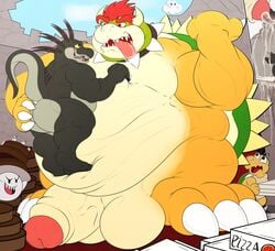 absurd_res anthro belly boo_(mario) bowser dinosaur dromaeosaurid duo feeding hi_res hyper incrediblecrocodile koopa koopa_troopa male male/male male_only mario_(series) musclegut muscular nintendo overweight penis reptile scalie super_mario_bros. theropod video_games