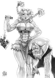 1boy 1girls abs breasts dick_sucking_lips dr.stone female hanada_nikki large_breasts leg_around_neck long_hair looking_at_viewer magma_(dr.stone) muscular_arms muscular_female muscular_thighs nikki_(dr.stone) standing_on_one_leg taller_female thegoldensmurf thick_lips thick_thighs thigh_choking thin_waist twintails white_background wide_hips