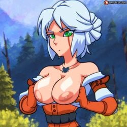 1girls 2d 2d_animation animated animated_gif areolae breasts cd_projekt_red ciri clothed clothing female female_only flashing forest gloves green_eyes large_breasts looking_at_viewer nipples pale-skinned_female scar shirt the_witcher_(series) the_witcher_3:_wild_hunt twistedgrim white_hair