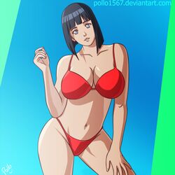 1girls bare_shoulders big_breasts bikini black_hair bob_cut boruto:_naruto_next_generations breasts busty cleavage collarbone female female_only hand_on_thigh hyuuga_hinata long_hair looking_at_viewer naruto naruto_(series) parted_lips pollo1567 posing solo swimsuit teeth violet_eyes