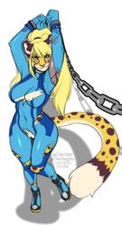 2020 alternate_species anthro blonde_hair blue_eyes breasts cheetah clothing felid feline female fur genitals hair hi_res kittydee long_hair looking_at_viewer mammal metroid multicolored_body multicolored_fur nintendo nipples pussy samus_aran solo sydea torn_clothing video_games