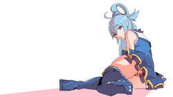 1girls aqua_(konosuba) ass bangs bar_censor bare_shoulders blue_eyes blue_footwear blue_hair blue_shirt blue_skirt boots bottomless censor_bar censored clitoris cute_fang exposed_pussy eyebrows_visible_through_hair fang female female_only hair_between_eyes hair_bobbles hair_ornament hair_rings hair_up hairless_pussy half-closed_eyes high_heel_boots high_heels knee_boots kneehighs kono_subarashii_sekai_ni_shukufuku_wo! light-skinned_female light_skin long_hair looking_at_viewer looking_back lying no_panties on_side open_mouth petticoat pleated_skirt pointless_censoring pussy rear_view see-through shaved_pussy shirabe_shiki shirt skirt sleeveless sleeveless_shirt solo tank_top thighhighs thighhighs_under_boots thighs upskirt white_skin