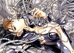 black_hair breasts brown_hair cable clamp cleavage erect_nipples glasses grey_eyes large_breasts lying machine marker_(medium) nipples official_art open_clothes satsuki_yatouji sex_machine short_hair torn_clothes traditional_media tube unzipped veins wire wires x x/1999 x_(manga) yatouji_satsuki