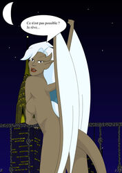 1girls brown-skinned_female brown_skin chrysler_building delilah_(gargoyles) disney fab fab3716 female female_only french_text gargoyles humanoid nipples nude nude_female solo solo_female tagme white_hair winged_humanoid