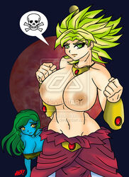 2girls abs blue_skin breasts breasts_out broly broly_(dragon_ball_z)_1993 desingahv dragon_ball dragon_ball_z female female_only gauntlets gems gold_jewelry green_eyes green_hair large_breasts legendary_super_saiyan looking_at_viewer multiple_girls muscles muscular_female necklace nervous nipples original_character outer_space red_gem rule_63 saiyan skull_and_crossbones spiky_hair straight_hair super_saiyan thick tubetop watermark yellow_eyes