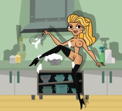 1girls accurate_art_style big_breasts boots breasts cream female female_only food_play high_heel_boots kelly_(tdi) kitchen knee_high_boots milf naked nipples pussy solo stockings sugary_marshmallow the_ridonculous_race total_drama_island