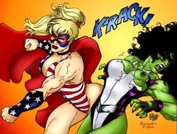 2007 2girls artist_signature avengers big_breasts blonde_hair breasts cape character_request eye_mask female female_only green-skinned_female green_skin hulk_(series) leotard marvel marvel_comics multiple_girls muscular muscular_female punch she-hulk tom_burgos torn_clothing