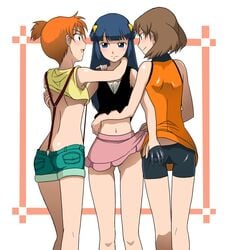 alternate_costume ass ass_cleavage ass_grab bike_shorts blue_eyes blue_hair breasts brown_hair butt_crack clothes dawn_(pokemon) denim denim_shorts female female_only group_sex gym_leader hair hand_under_clothes hands_under_clothes highres human human_only impossible_clothes kakki_(pixiv4742) kakkii kasumi_(pokemon) latex long_hair may_(pokemon) may_(pokemon_emerald) midriff multiple_females navel nintendo no_bandana orange_hair png pokemon pokemon_(anime) ponytail shirt_lift short_hair shorts side_ponytail skirt skirt_lift spandex suspenders thigh_gap thighs threesome tied_hair underboob yuri