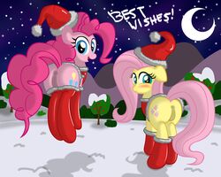 color duo english_text equine female feral fluttershy_(mlp) friendship_is_magic hair hat holidays horse looking_at_viewer moon my_little_pony night outdoors pegasus pinkie_pie_(mlp) pony presenting pussy text wings ziemniax