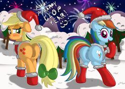 applejack_(mlp) color duo english_text equine female feral friendship_is_magic hair hat holidays horse looking_at_viewer moon multicolored_hair my_little_pony night outdoors pony presenting pussy rainbow_dash_(mlp) text ziemniax