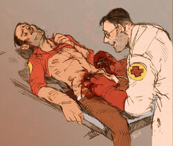 2boys 2d blood doctor gay gore human human_male human_only male male_only medic medic_(team_fortress_2) sniper sniper_(team_fortress_2) surgery team_fortress_2 yaoi