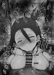 1boy :>= bangs bar_censor black_and_white blush breasts censored closed_eyes detailed_background fate/grand_order fate_(series) fellatio female from_above greyscale hair_between_eyes hair_pulled_back himiko_(fate) indoors japanese_text kurotama large_breasts long_hair monochrome oral pointless_censoring pov sketch solo_focus sound_effects squatting straight text tile_floor tiles toilet tongue tongue_out