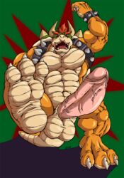 abs anthro balls barefoot big_balls big_feet bowser claws erection fist furry green_background hair horn king koopa looking_at_viewer male male_only mario_(series) nintendo no_humans nude orange_hair pecs penis plain_background raised_arm raised_leg red_eyes royal_rod royalty saturnawolf scalie sharp_claws sharp_teeth solo spikes teeth thick_penis toe_claws tongue vein