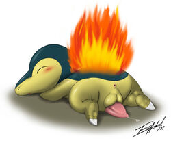 2009 anus blush closed_eyes color cum cyndaquil esartist feral fire lying male male_only nintendo nude on_front penis pokemon solo tagme testicles