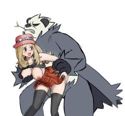 1boy 1girls anthro anthro_on_human anthro_penetrating anthro_penetrating_human arm_grab bent_over black_legwear black_skirt black_thighhighs blonde_hair blush breast_grab breasts breasts_out censored censored_penis clothed clothed_rape clothed_sex clothing doggy_style female female_penetrated from_behind from_behind_position game_freak gray_eyes hat interspecies larger_male light-skinned_female light_skin long_hair male male/female male_penetrating male_penetrating_female male_pokemon/female_human mosaic_censoring nintendo nipples nivi open_mouth pangoro penetration penis pokemon pokemon_(game) pokemon_(species) pokephilia rape red_hat red_skirt restrained serena_(pokemon) sex shirt shirt_lift simple_background size_difference skirt smaller_female spread_legs standing thighhighs vaginal_penetration white_background