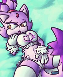 anthro blaze_the_cat breasts cat_ears cat_girl cat_lingerie cat_tail catgirl feline fingering large_breasts lingerie purple_fur qwertyjack sega sonic_(series) sonic_the_hedgehog_(series) wet wet_panties wet_pussy white_fur white_gloves white_legwear white_panties