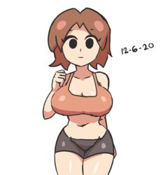 1girls 2020 big_breasts black_eyes blank_eyes brown_hair cleavage curvy_body emotionless empty_eyes expressionless female female_focus female_only large_breasts mii mii_gunner mii_gunner_(smash_4) mob_face navel nintendo notnoe_(dxcl) short_hair simple_background sports_bra super_smash_bros. super_smash_bros._for_nintendo_3ds_and_wii_u tagme