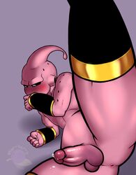 alien antennae_(anatomy) black_sclera blush dpbleu dragon_ball dragon_ball_z gold_band humanoid kid_buu majin_buu male male_only pink_body pink_skin simple_background solo spread_legs spreading white_eyes