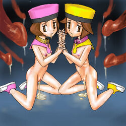 2girls audrey_(pokemon) cum cum_leaking female hat holding_hands imminent_rape imminent_sex kathryn_(pokemon) multiple_girls nipples pokemon pokemon:_destiny_deoxys pokemon_(anime) pokemon_(movie) sisters surrounded_by_penises tentacle tentacle_on_female twins