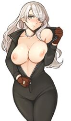 13_sentinels:_aegis_rim 1girls atlus big_breasts bodysuit breast_squish breasts chihiro_morimura eyebrows_visible_through_hair eyelashes_visible_through_hair eyes_visible_through_hair gray_hair hourglass_figure necklace tagme tridisart unzipped unzipped_bodysuit unzipping wide_hips