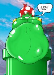 1girls bikini bikini_top breasts bulging_belly english_text female female_only green_skin grin huge_breasts mario_(series) mr.casino outdoors piranha_plant red_hair smile solo speech_bubble stomach_bulge struggling_prey super_mario_odyssey swimsuit teeth text vore warp_pipe yellow_bikini