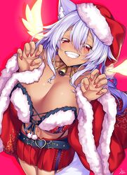 1girls animal_ears bedroom_eyes claws cosplay fangs fate_(series) huge_breasts large_breasts looking_at_viewer red_eyes santa_costume silver_hair suzuka_gozen_(fate) suzuka_gozen_(santa)_(fate) tan tan_skin tomoe_gozen_(fate) watosu_(watosu_mama)