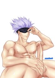 1boy big_balls big_muscles big_nipples big_penis cum cum_on_body cum_on_face cum_on_upper_body cumming jerking jerkingoff jujutsu_kaisen male_focus masturbation purple_hair satoru_gojo solo solo_male vansbeab white_background white_hair white_skin