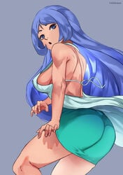 1girls ass back_muscles backless backless_outfit big_ass big_breasts blue_eyes breasts butt_crack clothing female female_only from_behind gelldraws looking_at_viewer looking_back my_hero_academia nail_polish nejire_hado no_bra open_mouth purple_hair sideboob wind_lift