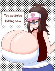 1girls alternate_breast_size blue_eyes breast_expansion breast_squeeze breasts brown_hair cap chounyuu cute duskyer hilda_(pokemon) hyper hyper_breasts nintendo pokemon pokemon_bw solo solo_female text thick tight tight_clothing tight_fit top_heavy voluptuous