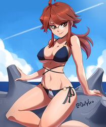 1girls bikini blue_sky breasts cleavage dirtyero_(artist) elite_four erect_nipples eyelashes female female_only glasses lapras large_breasts lipstick looking_at_viewer lorelei_(pokemon) lorelei_(pokemon_frlg) mascara midriff navel nintendo nipples_visible_through_clothing ocean pokemon pokemon_rgby ponytail red_eyes red_hair redhead sea shiny_skin smile solo sunlight underboob