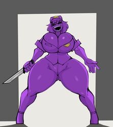 1girls badge big_ass big_butt breasts clothing female female_only five_nights_at_freddy's genderswap huge_breasts jyto knife laugh laughing purple_hair purple_skin rule_63 security_guard sweat sweating thick_thighs thighs uniform wendy_afton william_afton