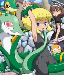 1girls 2girls armpits blonde_hair blue_eyes brown_hair green_tentacles mako_(pokemon) nintendo pokemoa pokemon pokemon_(movie) pokemon_the_movie:_white—victini_and_zekrom_&_pokemon_the_movie:_black—victini_and_reshiram restrained short_hair tentacle tentacle_on_female yellow_hair