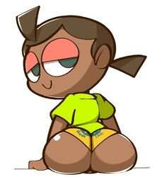 animal_crossing ass bedroom_eyes big_ass big_butt bubble_butt green_shirt looking_at_viewer looking_back nintendo panties simple_background sitting smug vilepluff villager_(animal_crossing) year_request