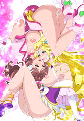 2girls blonde_hair blush breasts brown_hair clothing cosplay cum cure_grace cure_grace_(cosplay) fuurin_asumi hanadera_yasuko headband healin'_good_precure holding_head kousaka_jun large_breasts magical_girl multiple_girls no_bra no_panties precure pretty_cure pussy_juice saliva small_breasts sweat symmetrical_pose tearing_up tiara yuri