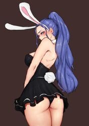 1girls alternate_breast_size alternate_costume alternate_hairstyle ass battle_bunny_irelia big_ass big_butt birthmark blue_eyes blue_hair blush brown_hair bunny_ears bunny_girl bunny_tail bunnysuit butt_mole exposed_ass exposed_breasts female female_focus female_only hands_on_thighs irelia_xan league_of_legends mole mole_on_ass nipple_bulge outfit ponytail seoyong short_skirt showing shy sideboob skirt solid_color_background thick_ass thick_thighs thighs