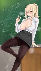 1girls berserkert black_legwear black_skirt blonde_hair blue_eyes blush breasts chalkboard classroom cleavage collared_shirt english_text erection eyebrows_visible_through_hair female female_only genshin_impact glasses jean_gunnhildr large_breasts long_hair looking_at_viewer no_bra open_mouth panties panty_peek pantyhose penis ponytail purple_panties school_uniform sex_education shirt skirt solo teacher unbuttoned upskirt white_shirt