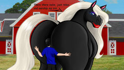 16:9 anal ass barn big_butt bigboy4025_(artist) blue_eyes duo equid equine female feral grass horse huge_butt human larger_female lipstick looking_at_another looking_back makeup male male/female mammal oral plant rimming sex size_difference sky smaller_male tree widescreen