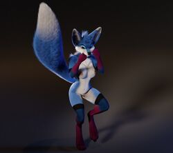 3d angry anthro blue_body blue_fur canid canine clothing dipstick_tail female fight fighting_pose fox fur gloves_(marking) legwear looking_at_viewer mammal markings mostly_nude multicolored_tail nipples nude pose ruaidri simple_background solo thigh_highs titord